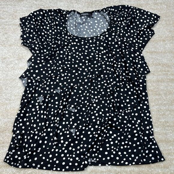 Notations Tops - Notations Blouse Womens 1X Black White Polka Dot‎ Tiered Ruffle Short Sleeve Top